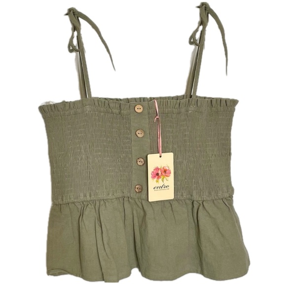 entro Tops - NWT Entro Sage Green Peplum Smocked Bodice Top w/ Adjustable Self-Tie Straps